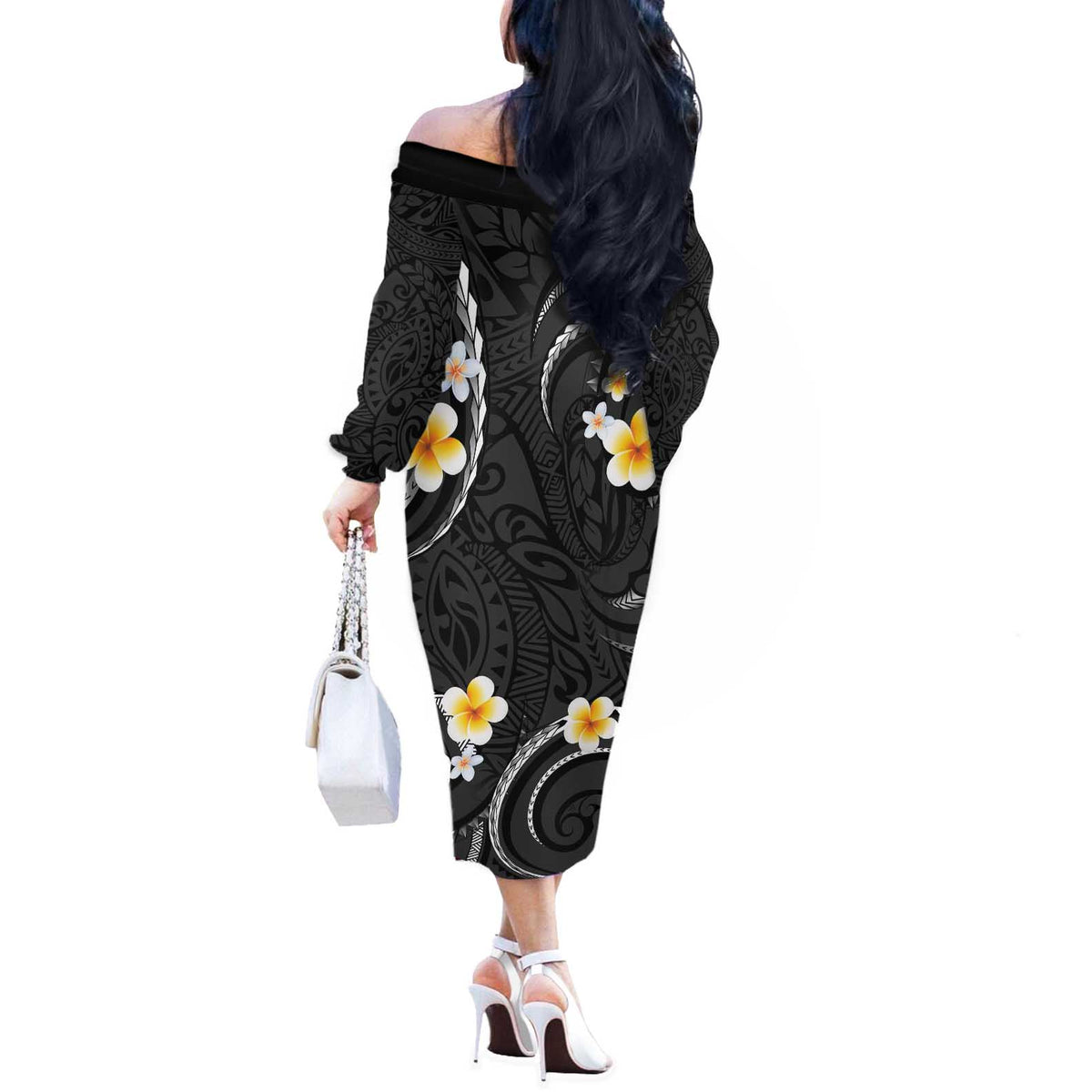 Black And Gray Off The Shoulder Long Sleeve Dress Curves Polynesian Tattoo Mix Plumeria Flowers