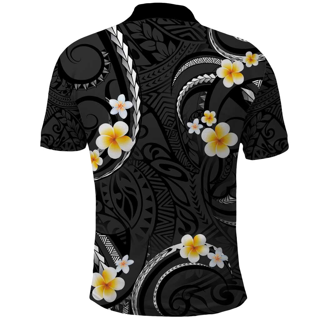 Black And Gray Polo Shirt Curves Polynesian Tattoo Mix Plumeria Flowers