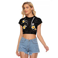 Black And Gray Raglan Cropped T Shirt Curves Polynesian Tattoo Mix Plumeria Flowers