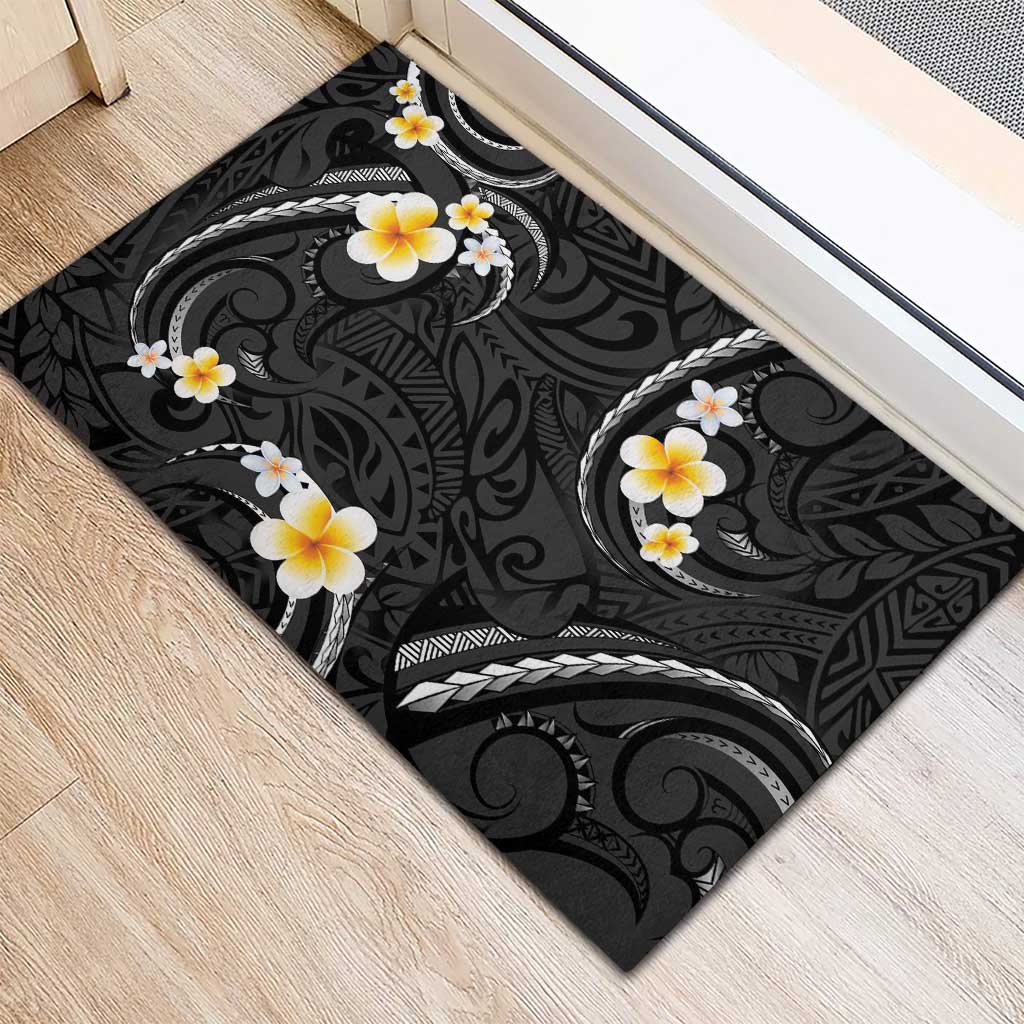 Black And Gray Rubber Doormat Curves Polynesian Tattoo Mix Plumeria Flowers