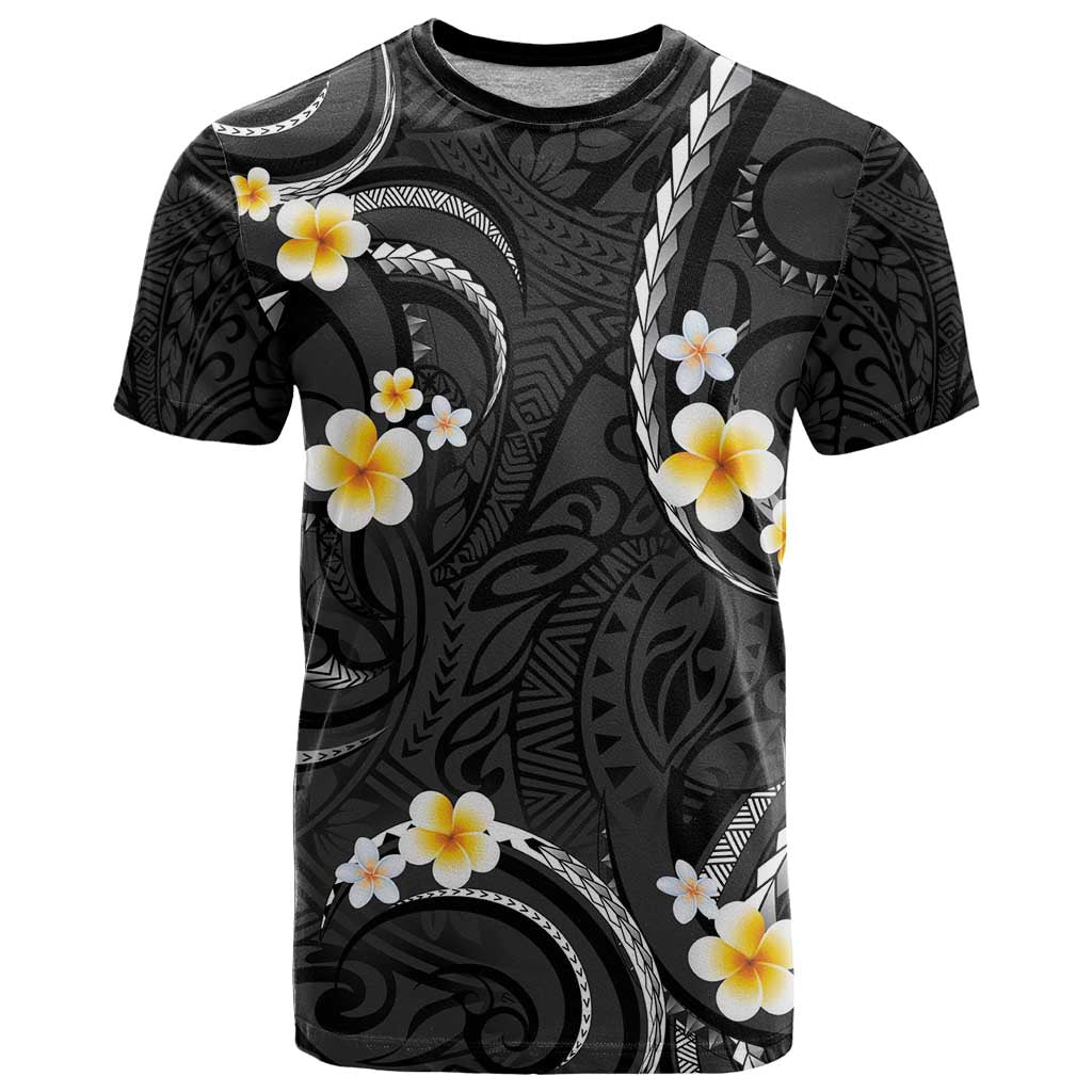 Black And Gray T Shirt Curves Polynesian Tattoo Mix Plumeria Flowers