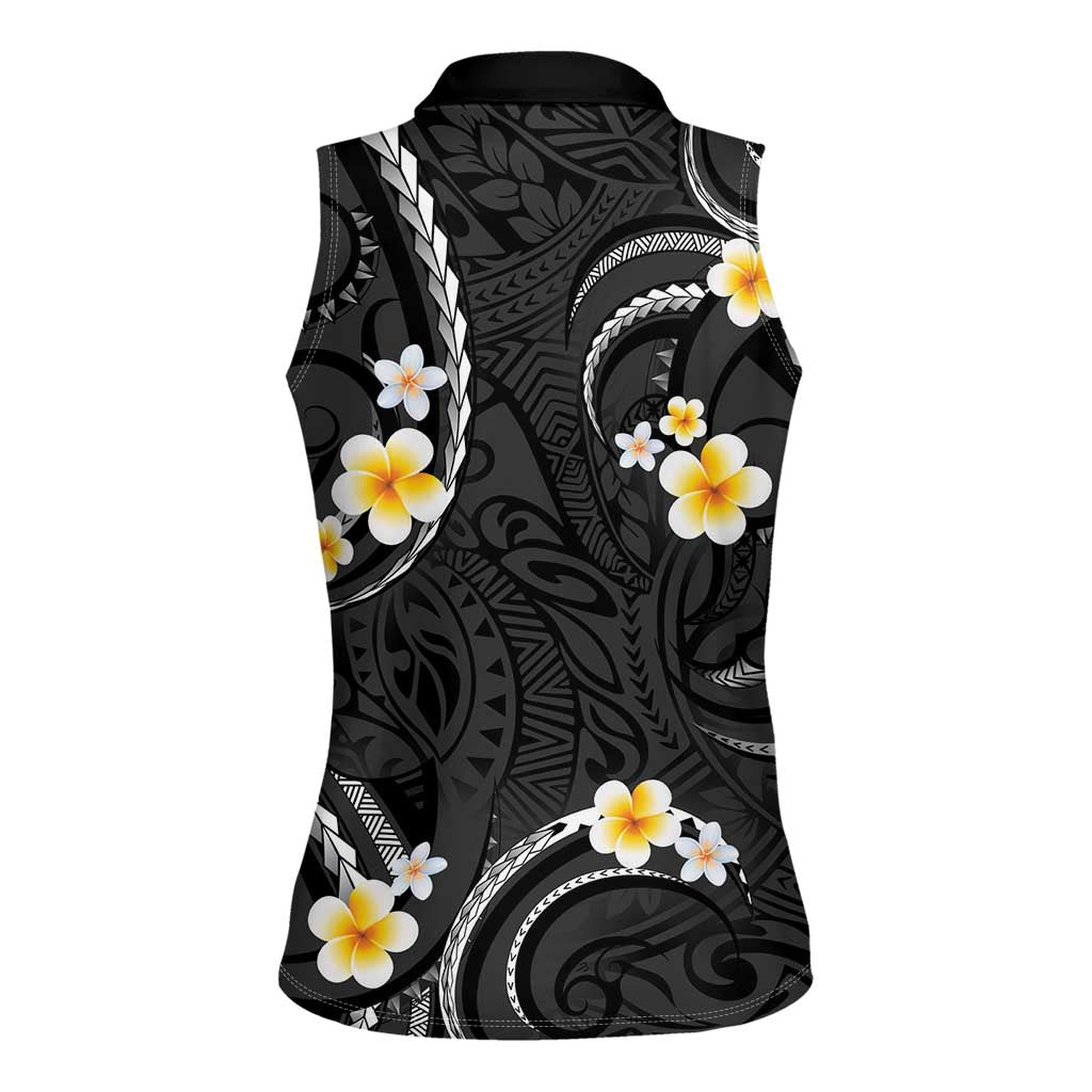 Black And Gray Women Sleeveless Polo Shirt Curves Polynesian Tattoo Mix Plumeria Flowers