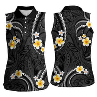 Black And Gray Women Sleeveless Polo Shirt Curves Polynesian Tattoo Mix Plumeria Flowers