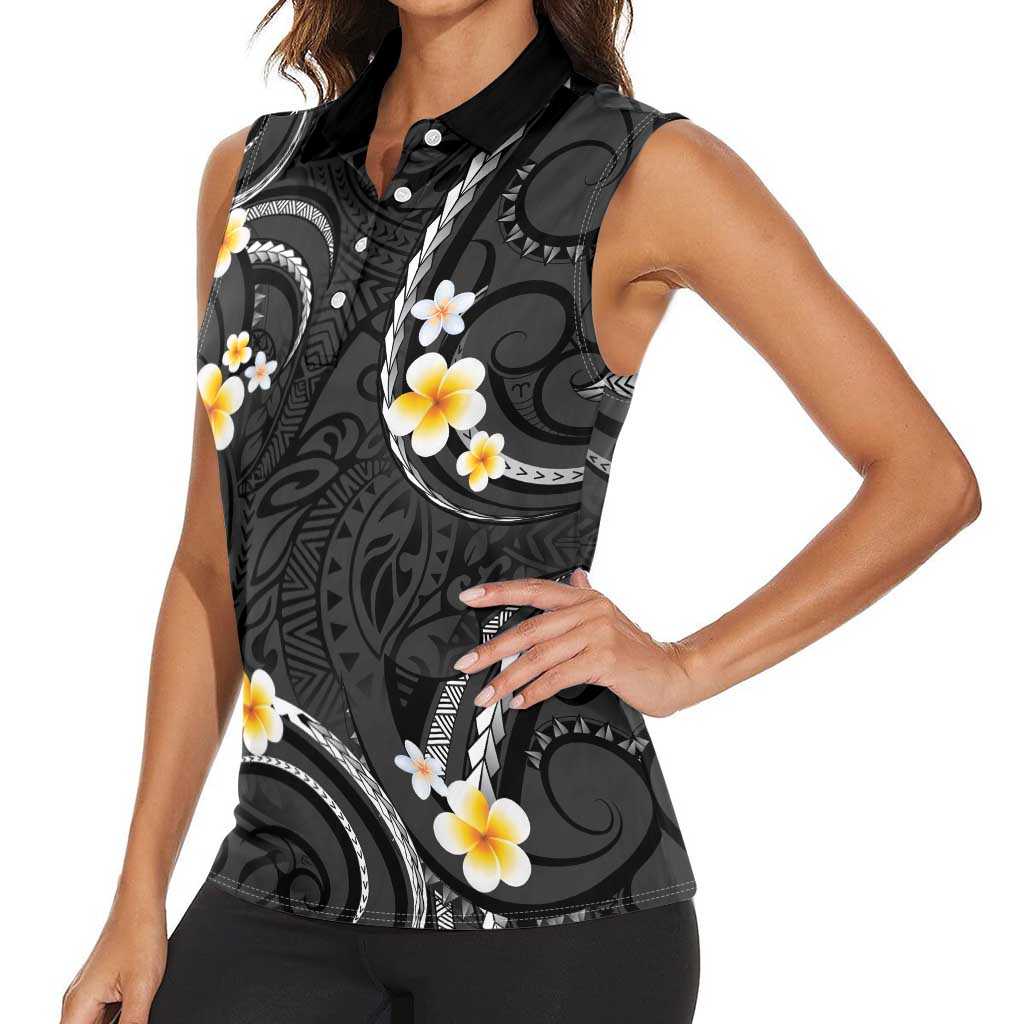 Black And Gray Women Sleeveless Polo Shirt Curves Polynesian Tattoo Mix Plumeria Flowers