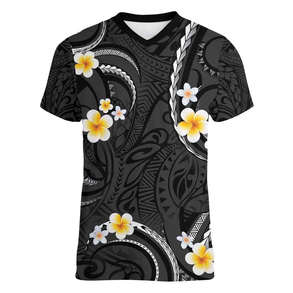Black And Gray Women V-Neck T-Shirt Curves Polynesian Tattoo Mix Plumeria Flowers