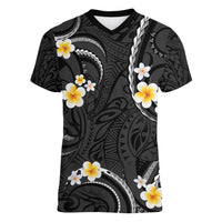Black And Gray Women V-Neck T-Shirt Curves Polynesian Tattoo Mix Plumeria Flowers