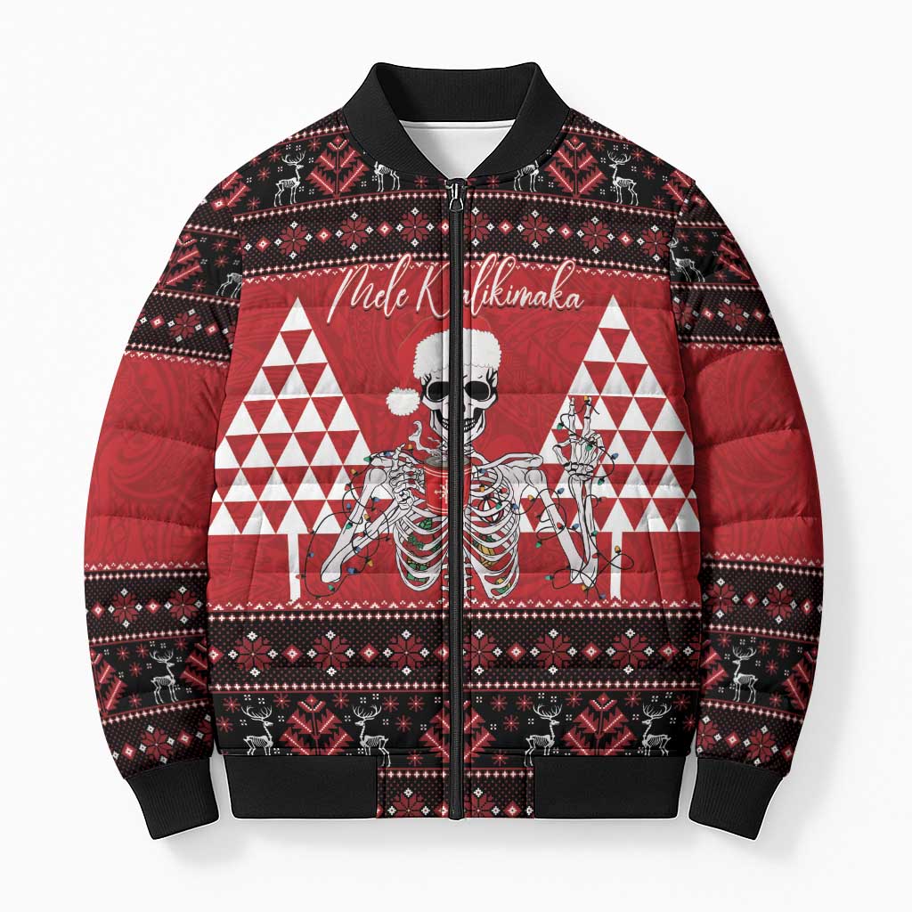 Personalized Hawaii Skull Christmas Bomber Puffer Jacket Mele Kalikimaka Hawaiian Kakau LT14 Unisex Red - Polynesian Pride