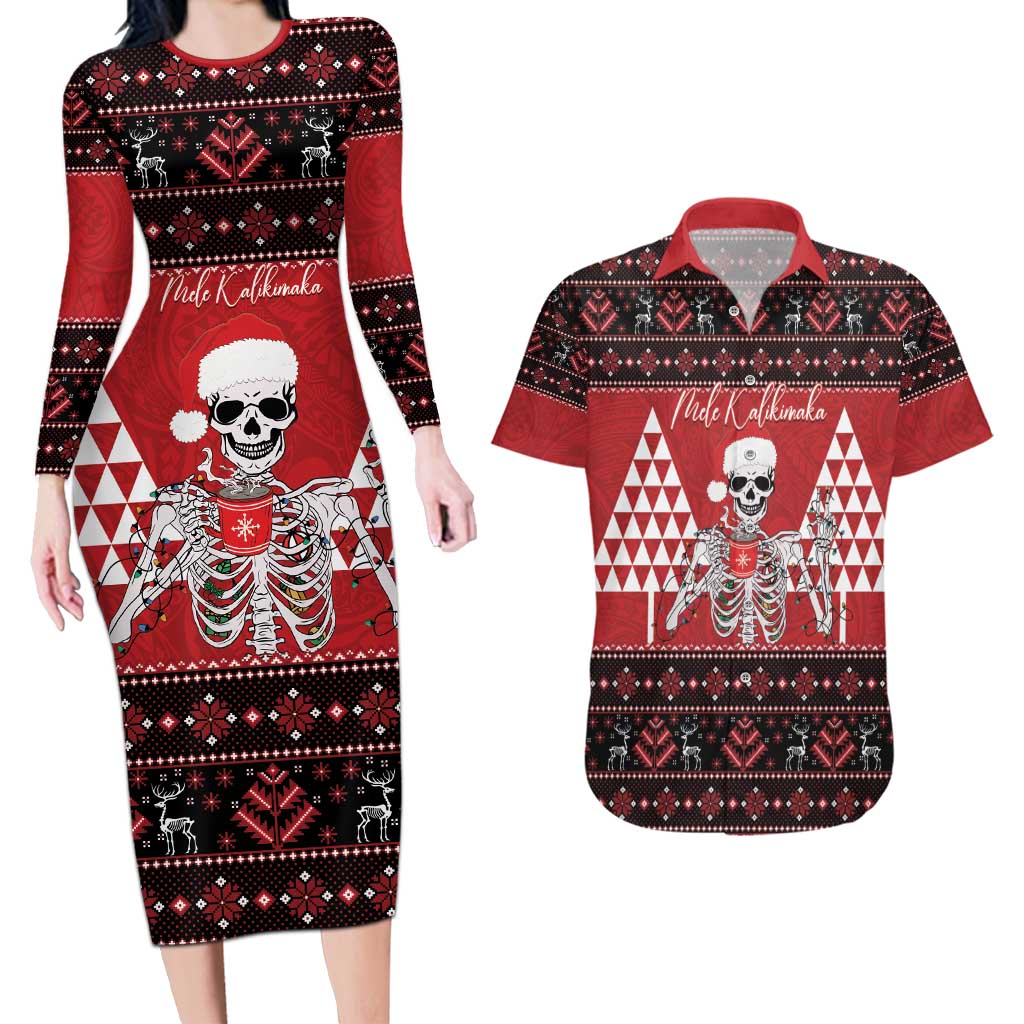 Personalized Hawaii Skull Christmas Couples Matching Long Sleeve Bodycon Dress and Hawaiian Shirt Mele Kalikimaka Hawaiian Kakau LT14 Red - Polynesian Pride