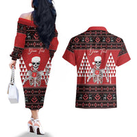 Personalized Hawaii Skull Christmas Couples Matching Off The Shoulder Long Sleeve Dress and Hawaiian Shirt Mele Kalikimaka Hawaiian Kakau LT14 - Polynesian Pride