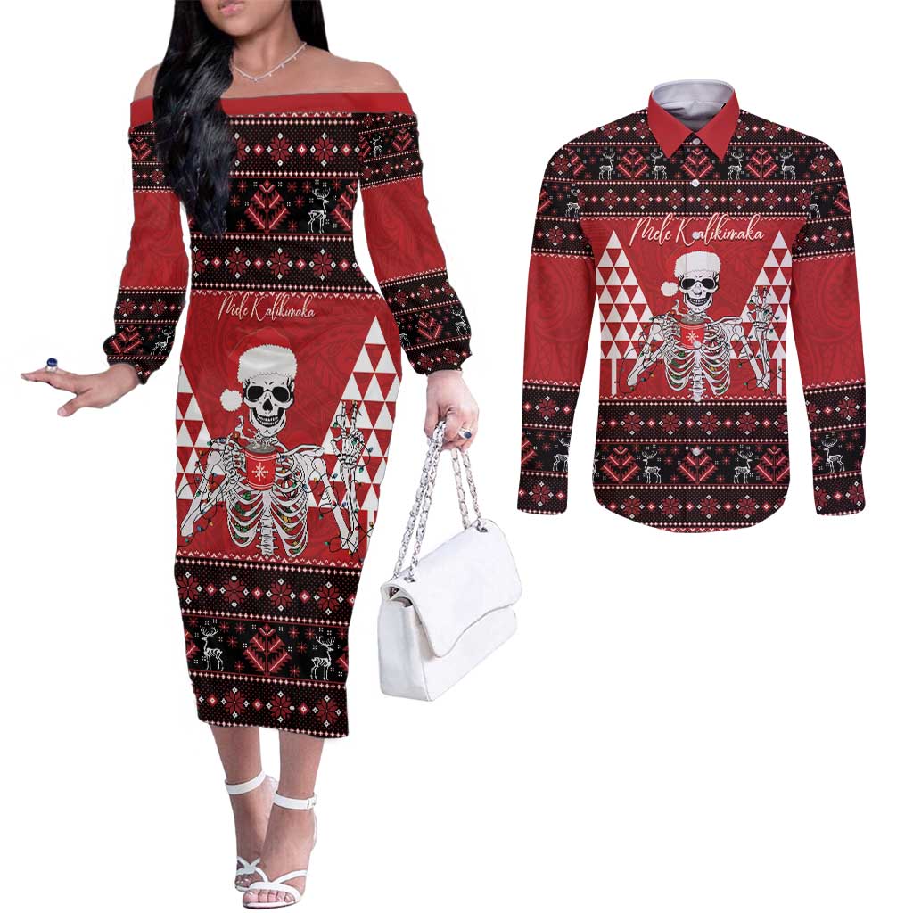 Personalized Hawaii Skull Christmas Couples Matching Off The Shoulder Long Sleeve Dress and Long Sleeve Button Shirt Mele Kalikimaka Hawaiian Kakau - Polynesian Pride