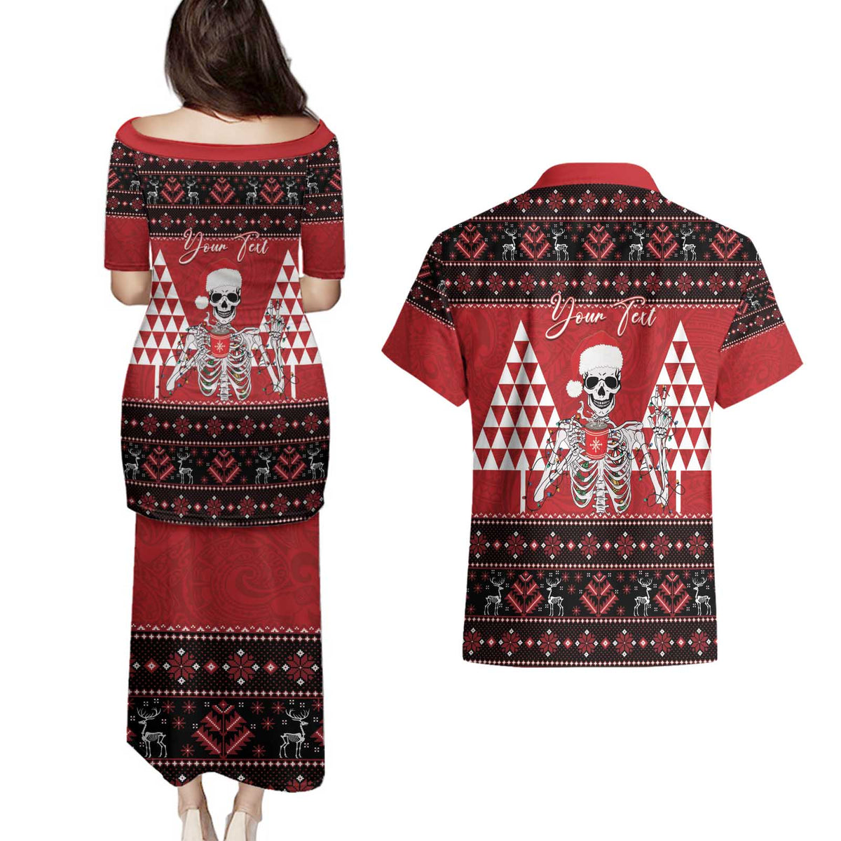 Personalized Hawaii Skull Christmas Couples Matching Puletasi and Hawaiian Shirt Mele Kalikimaka Hawaiian Kakau - Polynesian Pride