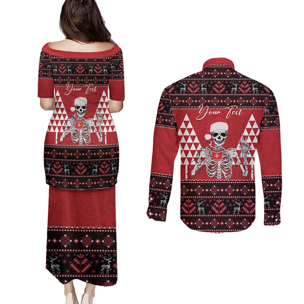 Personalized Hawaii Skull Christmas Couples Matching Puletasi and Long Sleeve Button Shirt Mele Kalikimaka Hawaiian Kakau LT14 - Polynesian Pride