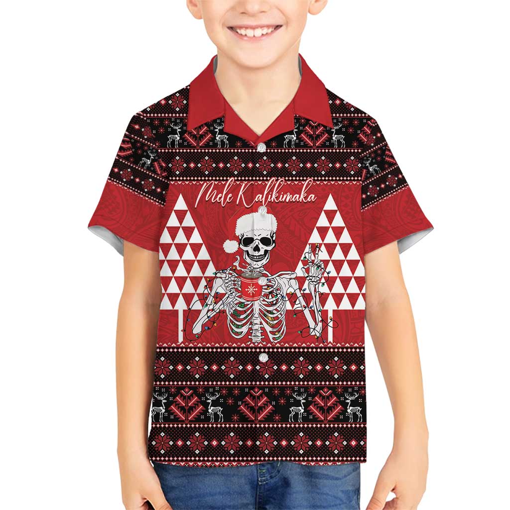 Personalized Hawaii Skull Christmas Family Matching Long Sleeve Bodycon Dress and Hawaiian Shirt Mele Kalikimaka Hawaiian Kakau LT14 Son's Shirt Red - Polynesian Pride