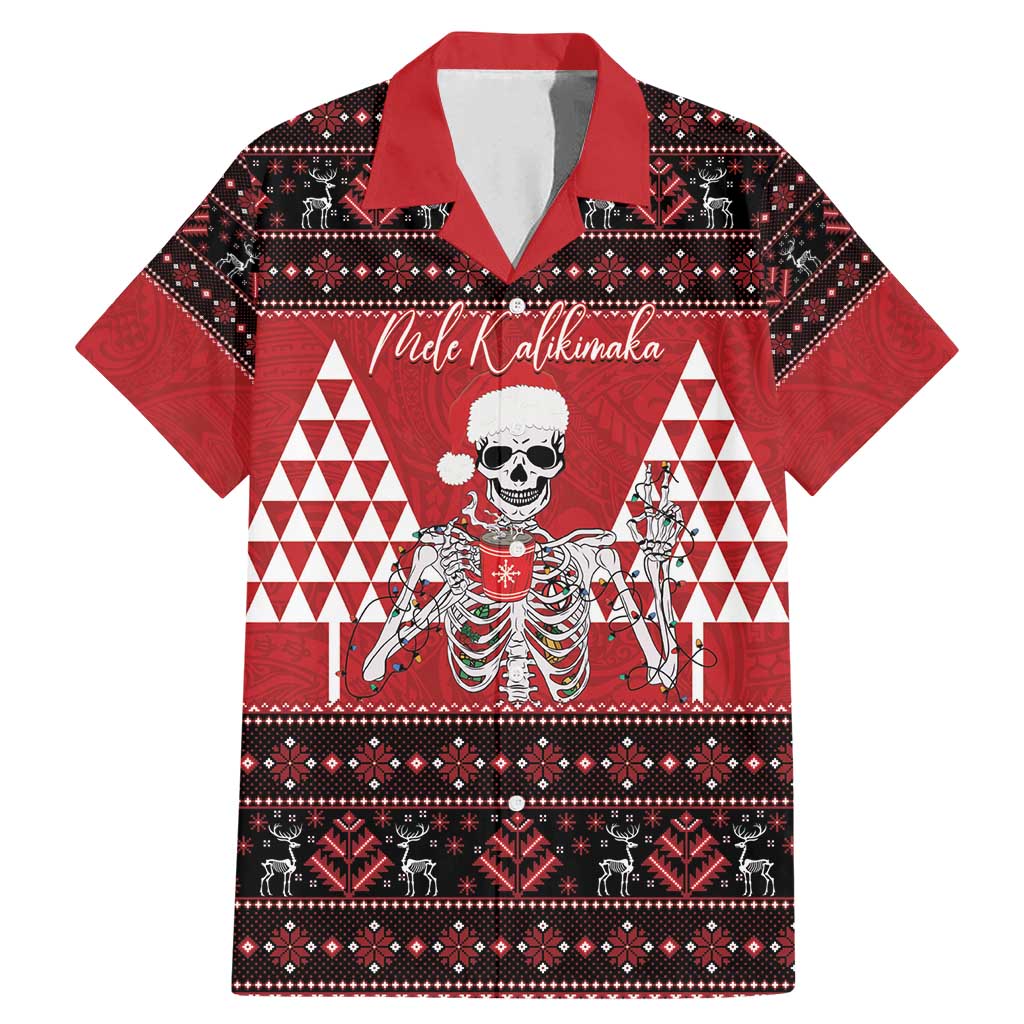 Personalized Hawaii Skull Christmas Family Matching Mermaid Dress and Hawaiian Shirt Mele Kalikimaka Hawaiian Kakau LT14 Dad's Shirt - Short Sleeve Red - Polynesian Pride