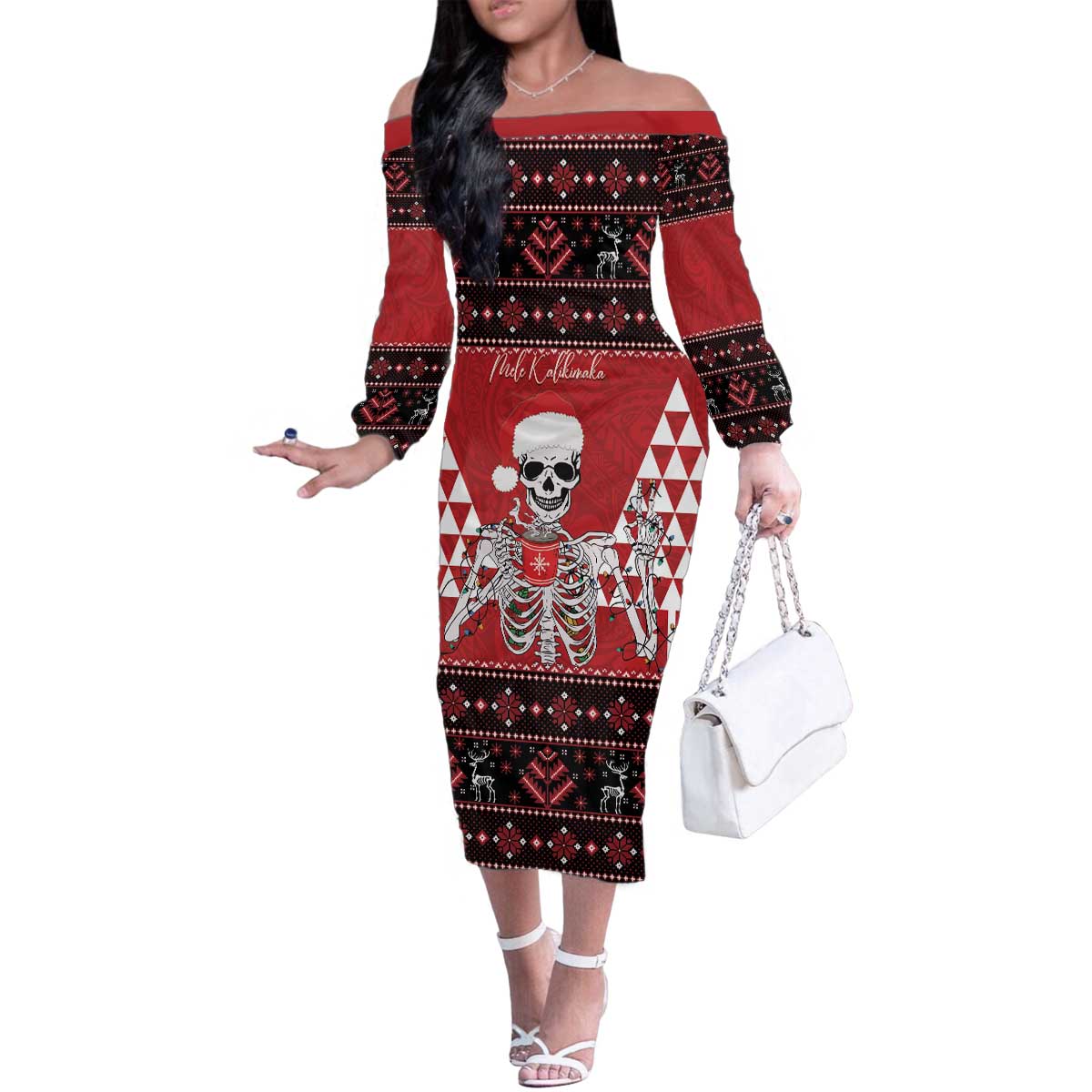 Personalized Hawaii Skull Christmas Family Matching Off The Shoulder Long Sleeve Dress and Hawaiian Shirt Mele Kalikimaka Hawaiian Kakau LT14 Mom's Dress Red - Polynesian Pride