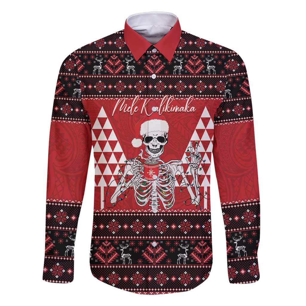 Personalized Hawaii Skull Christmas Family Matching Off Shoulder Maxi Dress and Hawaiian Shirt Mele Kalikimaka Hawaiian Kakau LT14 Dad's Shirt - Long Sleeve Red - Polynesian Pride