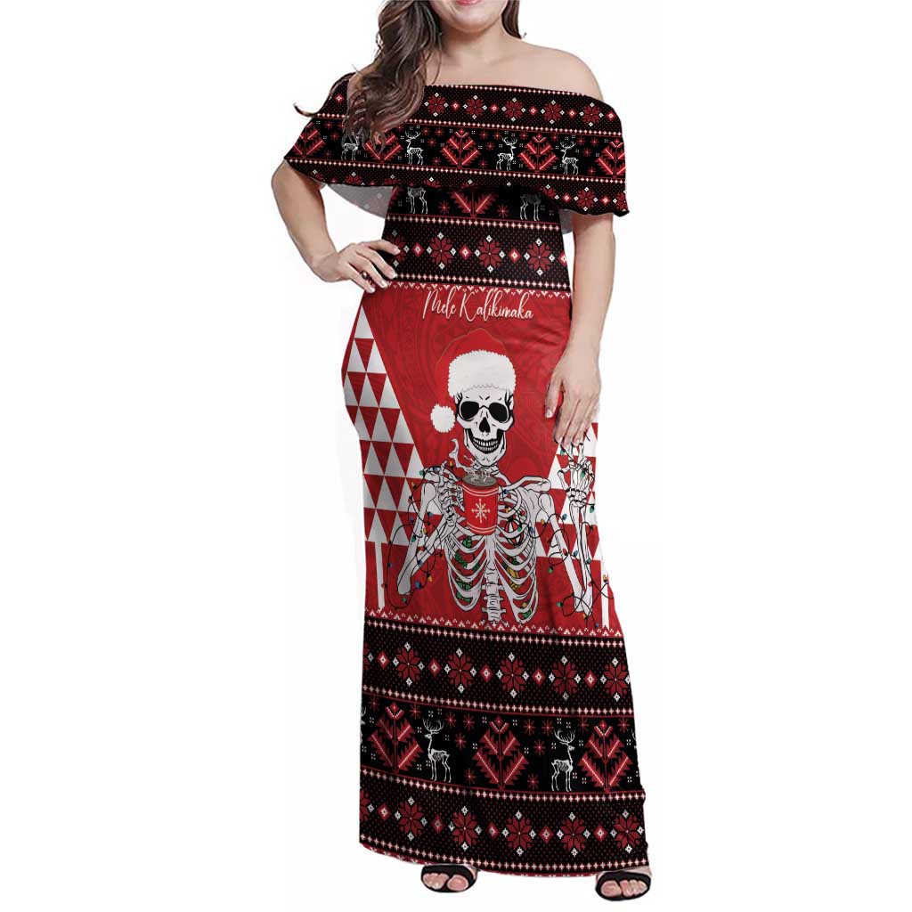 Personalized Hawaii Skull Christmas Family Matching Off Shoulder Maxi Dress and Hawaiian Shirt Mele Kalikimaka Hawaiian Kakau LT14 Mom's Dress Red - Polynesian Pride