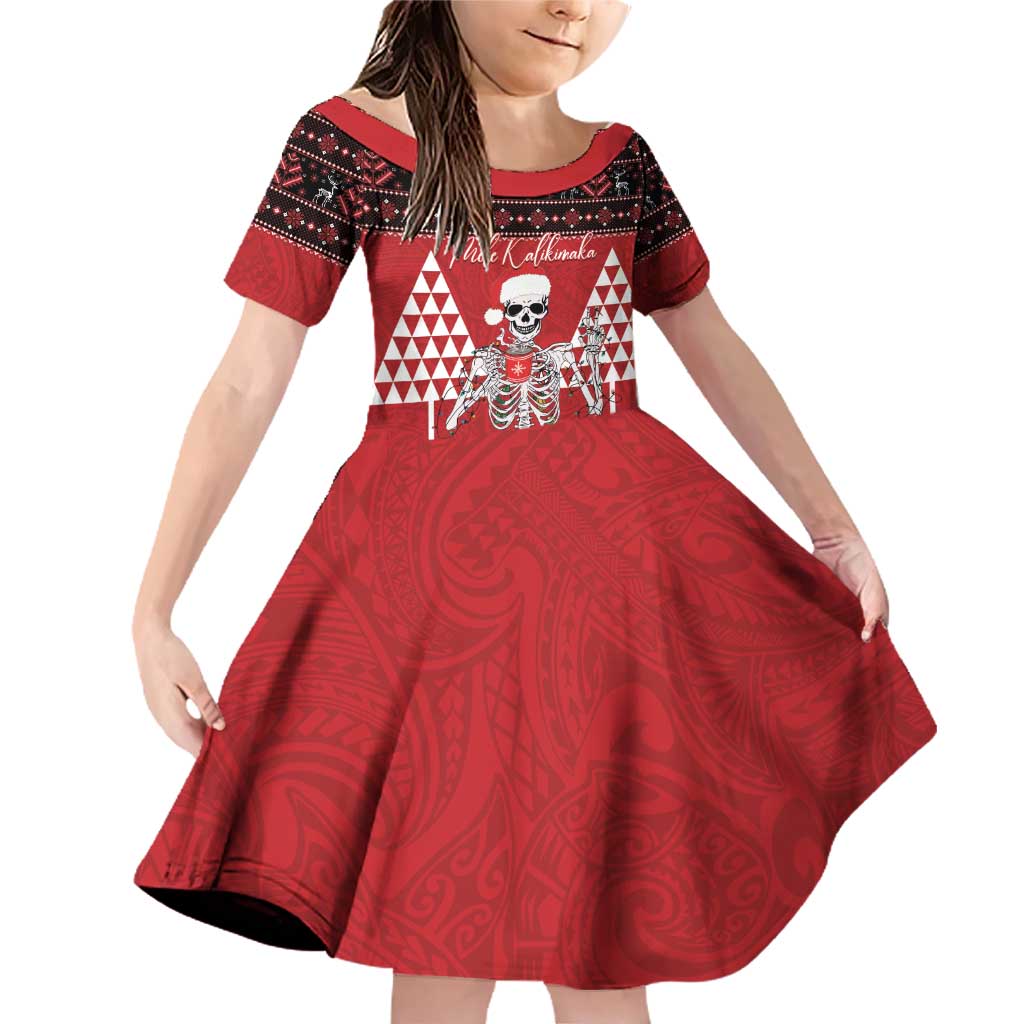 Personalized Hawaii Skull Christmas Family Matching Off Shoulder Short Dress and Hawaiian Shirt Mele Kalikimaka Hawaiian Kakau LT14 Daughter's Dress Red - Polynesian Pride