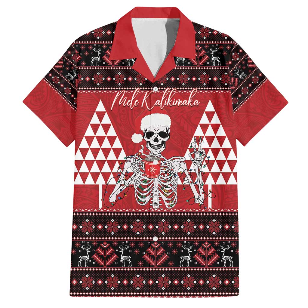 Personalized Hawaii Skull Christmas Family Matching Off Shoulder Short Dress and Hawaiian Shirt Mele Kalikimaka Hawaiian Kakau LT14 Dad's Shirt - Short Sleeve Red - Polynesian Pride