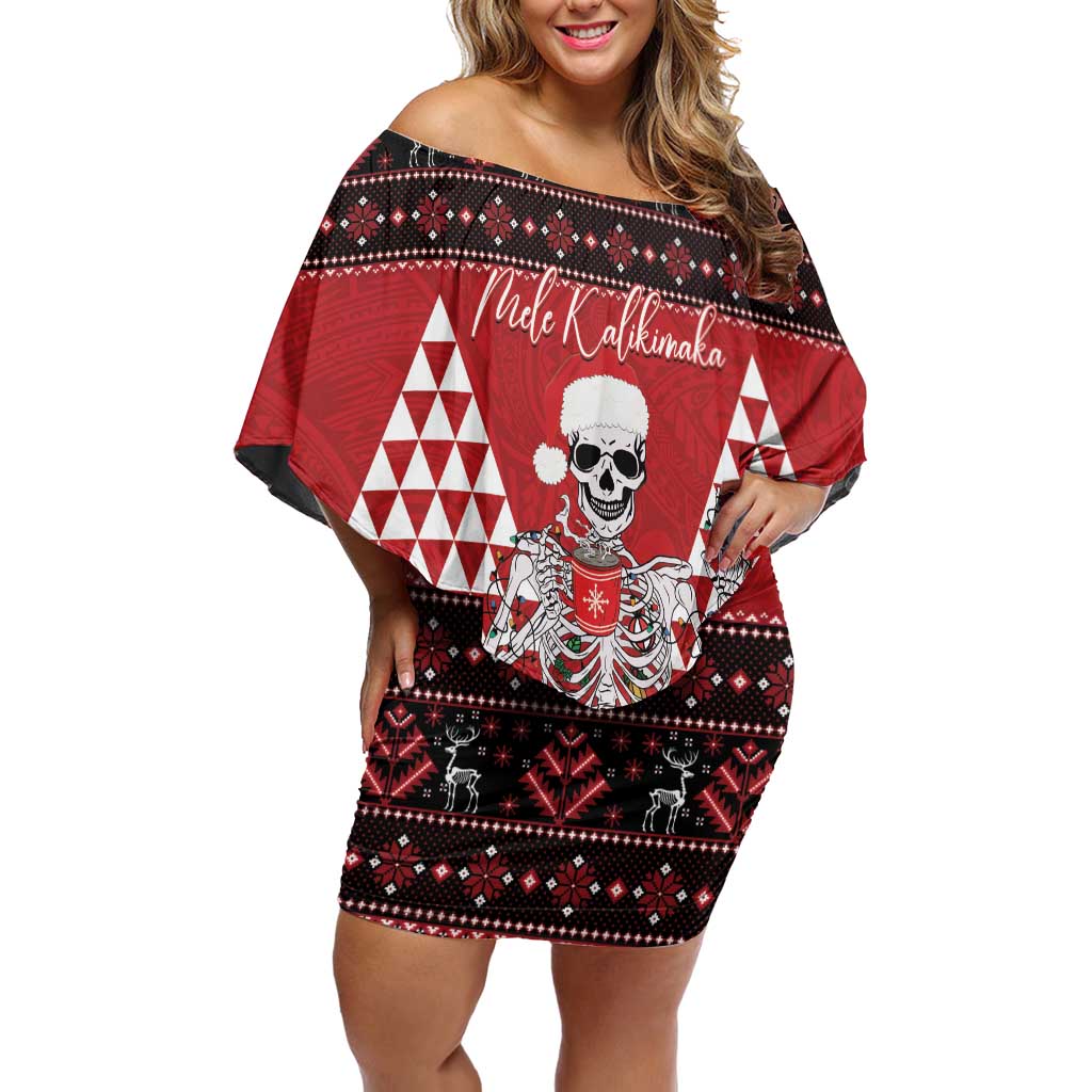 Personalized Hawaii Skull Christmas Family Matching Off Shoulder Short Dress and Hawaiian Shirt Mele Kalikimaka Hawaiian Kakau LT14 Mom's Dress Red - Polynesian Pride