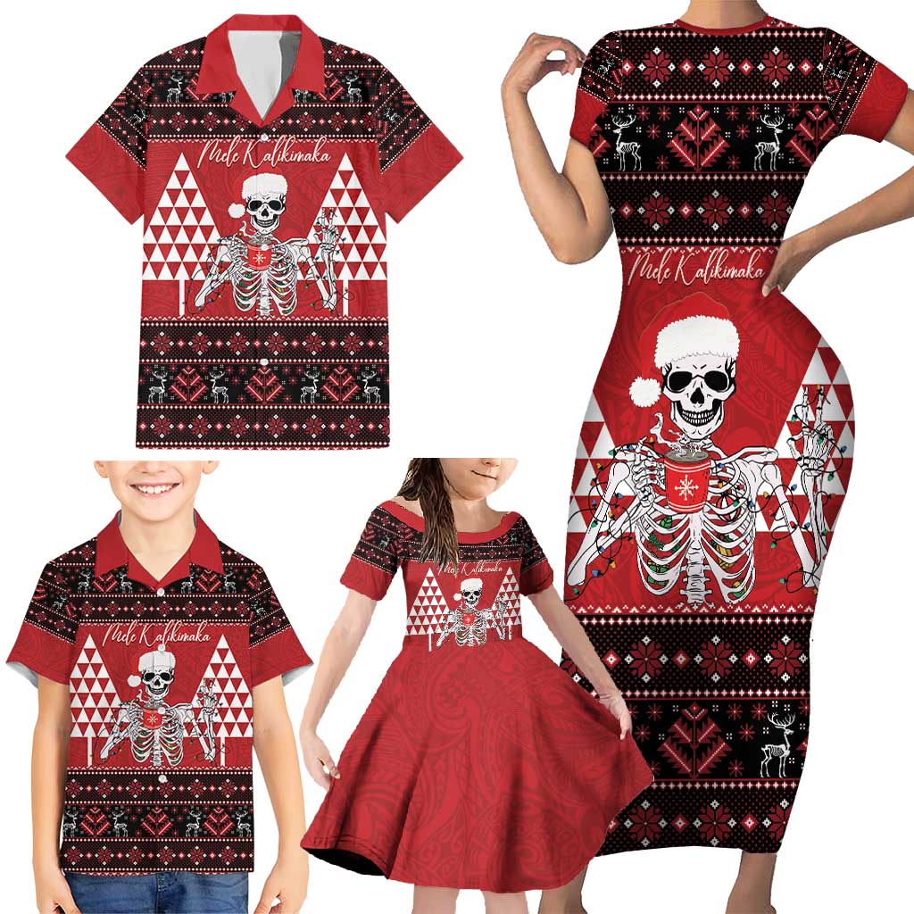 Personalized Hawaii Skull Christmas Family Matching Short Sleeve Bodycon Dress and Hawaiian Shirt Mele Kalikimaka Hawaiian Kakau LT14 - Polynesian Pride