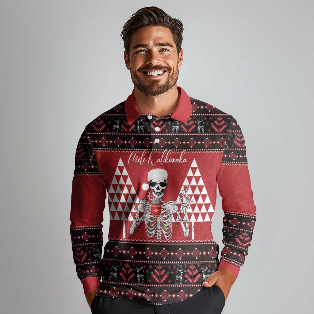 Personalized Hawaii Skull Christmas Long Sleeve Polo Shirt Mele Kalikimaka Hawaiian Kakau - Polynesian Pride