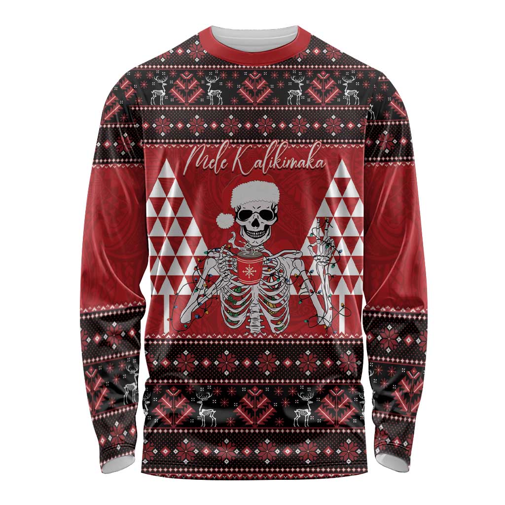 Personalized Hawaii Skull Christmas Long Sleeve Shirt Mele Kalikimaka Hawaiian Kakau LT14 Unisex Red - Polynesian Pride
