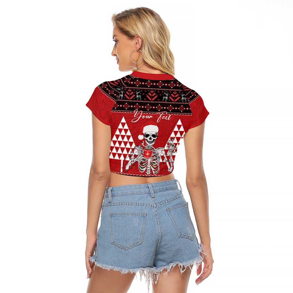 Personalized Hawaii Skull Christmas Raglan Cropped T Shirt Mele Kalikimaka Hawaiian Kakau - Polynesian Pride