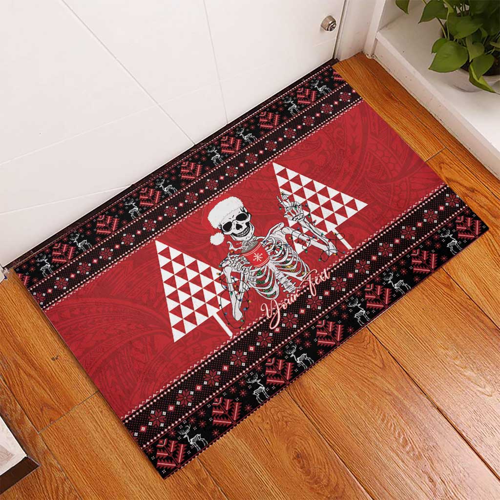 Personalized Hawaii Skull Christmas Rubber Doormat Mele Kalikimaka Hawaiian Kakau - Polynesian Pride