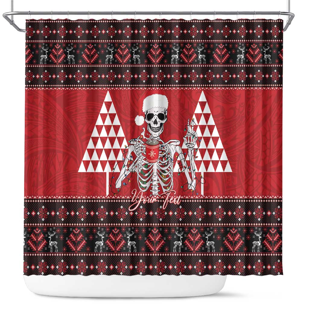 Personalized Hawaii Skull Christmas Shower Curtain Mele Kalikimaka Hawaiian Kakau LT14 Red - Polynesian Pride