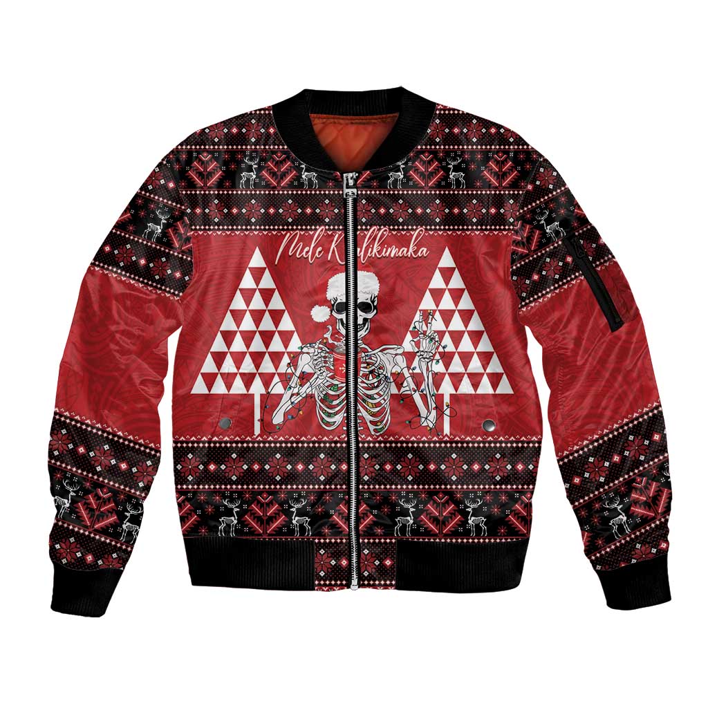 Personalized Hawaii Skull Christmas Sleeve Zip Bomber Jacket Mele Kalikimaka Hawaiian Kakau LT14 Unisex Red - Polynesian Pride