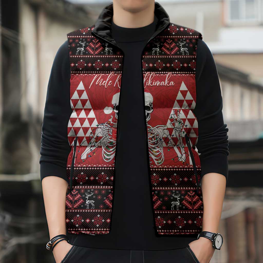 Personalized Hawaii Skull Christmas Sleeveless Puffer Jacket Mele Kalikimaka Hawaiian Kakau - Polynesian Pride