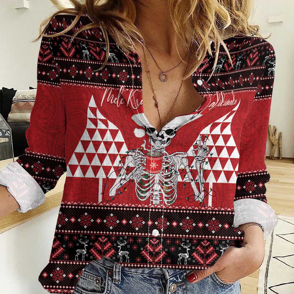Personalized Hawaii Skull Christmas Women Casual Shirt Mele Kalikimaka Hawaiian Kakau LT14 Female Red - Polynesian Pride
