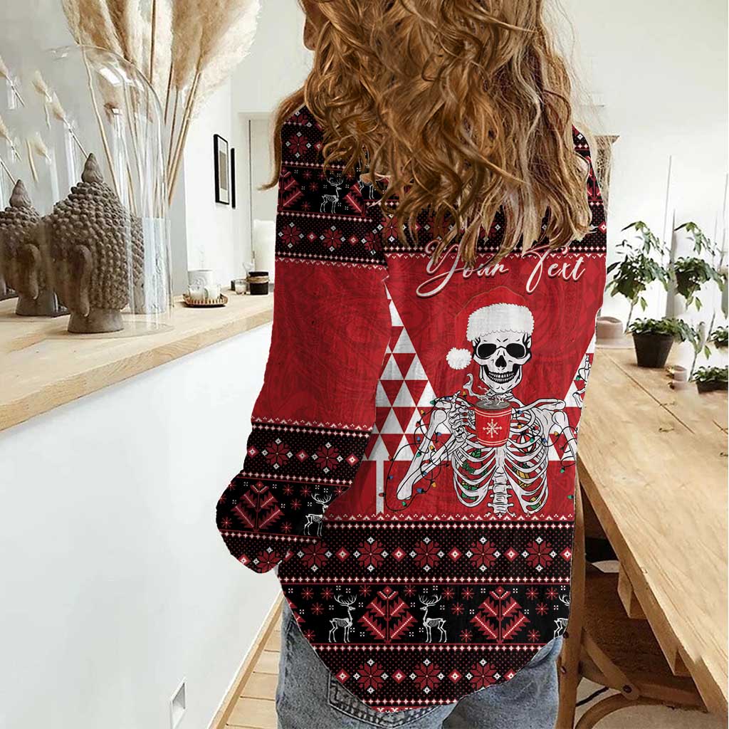 Personalized Hawaii Skull Christmas Women Casual Shirt Mele Kalikimaka Hawaiian Kakau LT14 - Polynesian Pride