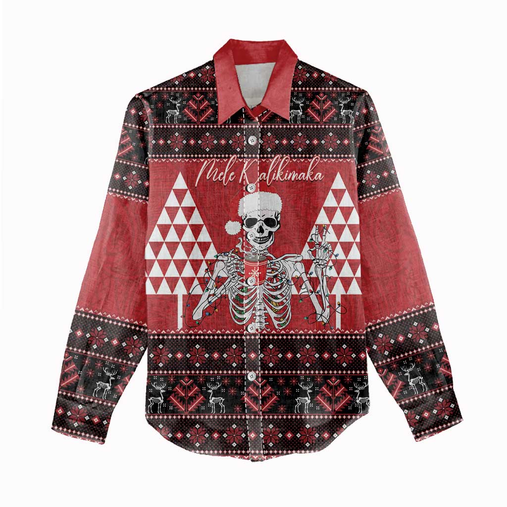 Personalized Hawaii Skull Christmas Women Casual Shirt Mele Kalikimaka Hawaiian Kakau LT14 - Polynesian Pride