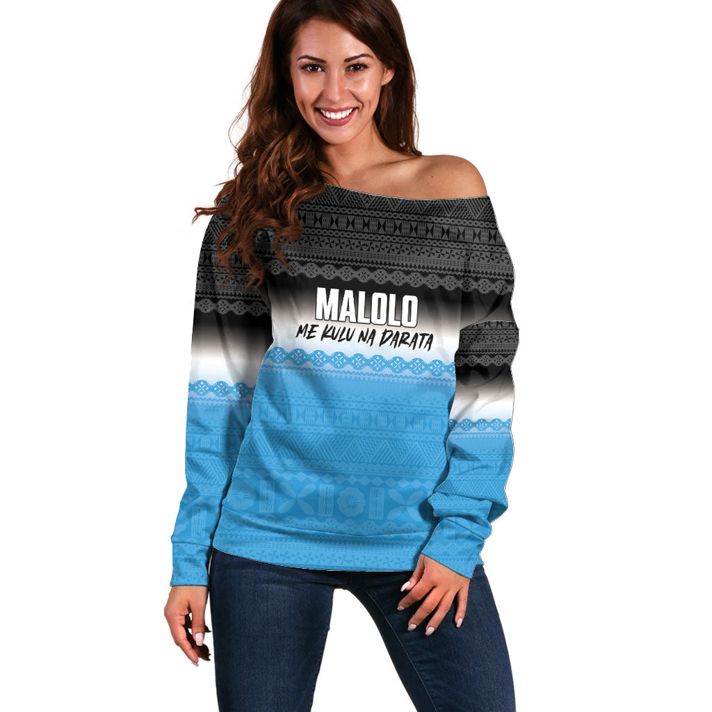 Malolo Fiji 2026 Rugby Personalised Off Shoulder Sweater Me Kulu Na Darata Fijian Tapa Pattern LT14 Women Blue - Polynesian Pride