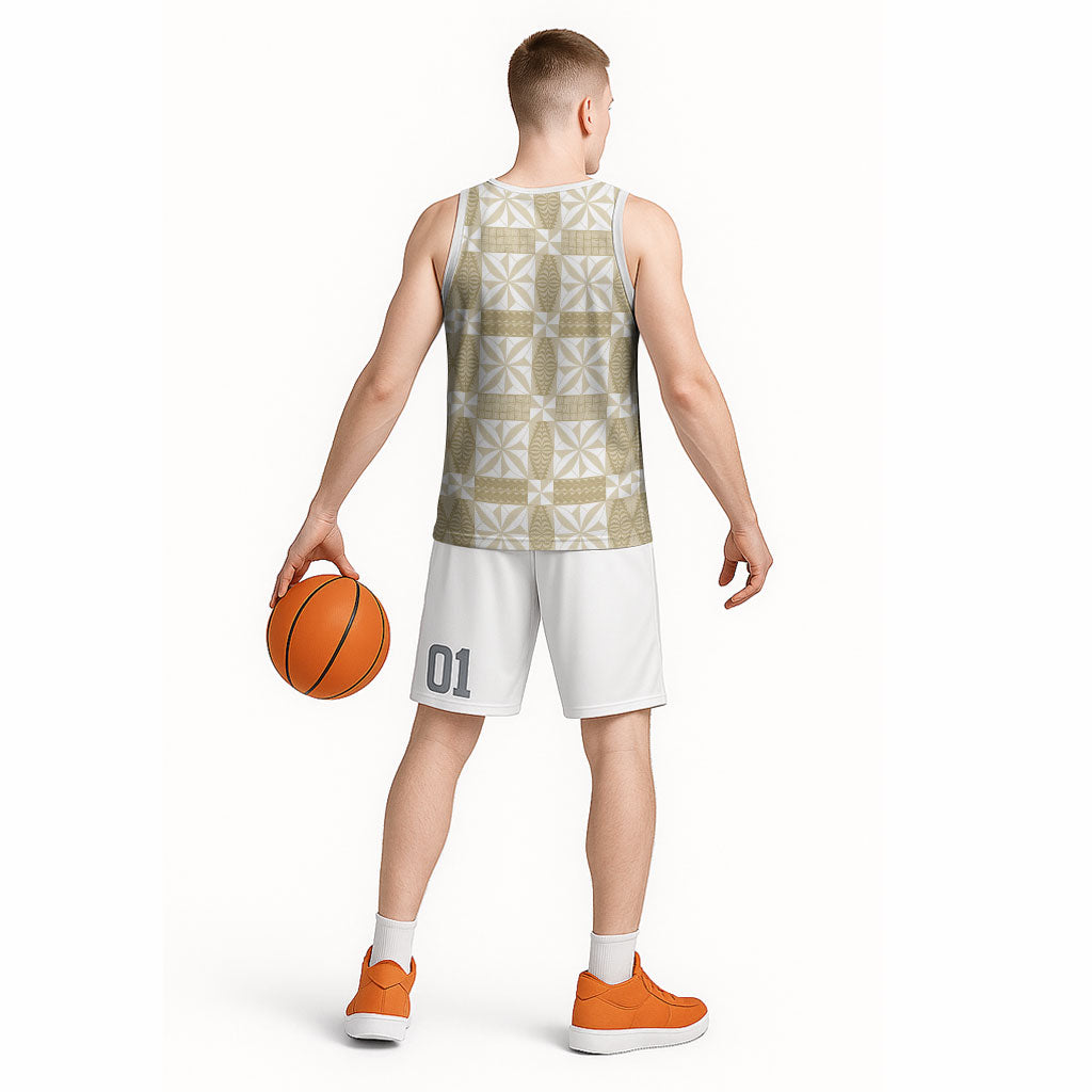 Beige Ngatu Pattern Malo e Lelei Tonga Basketball Jersey LT14 - Polynesian Pride