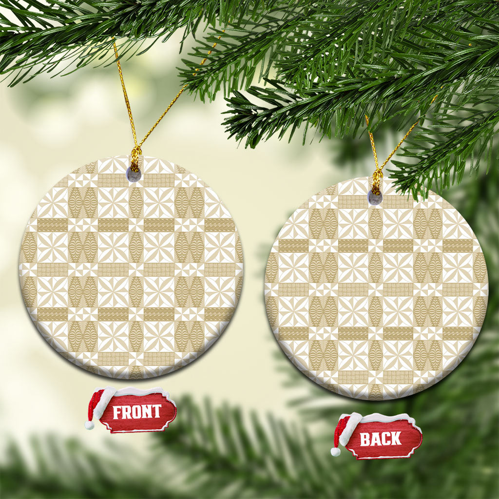 Beige Ngatu Pattern Malo e Lelei Tonga Ceramic Ornament LT14 Circle Beige - Polynesian Pride