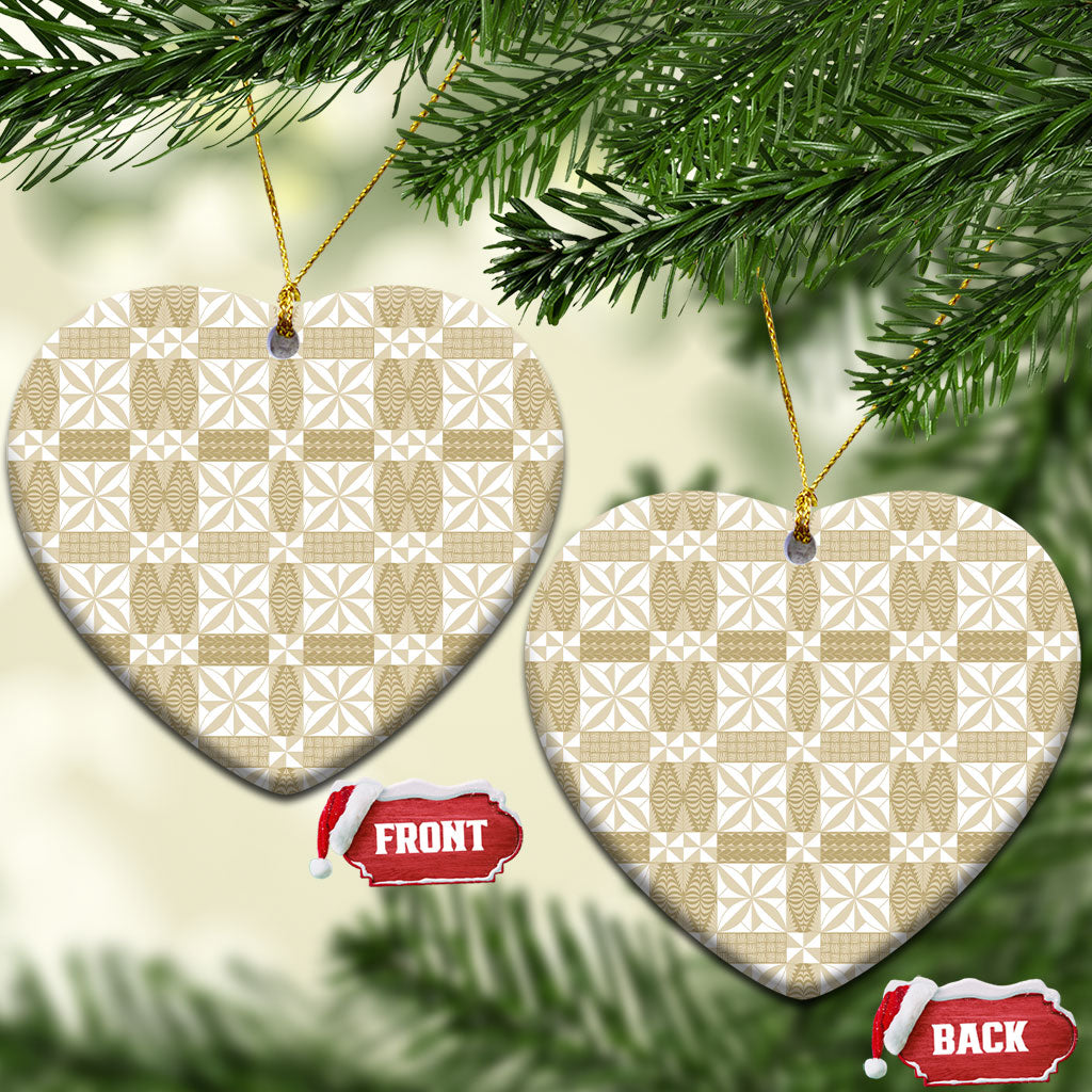 Beige Ngatu Pattern Malo e Lelei Tonga Ceramic Ornament LT14 Heart Beige - Polynesian Pride