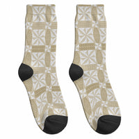 Beige Ngatu Pattern Malo e Lelei Tonga Crew Socks LT14 - Polynesian Pride