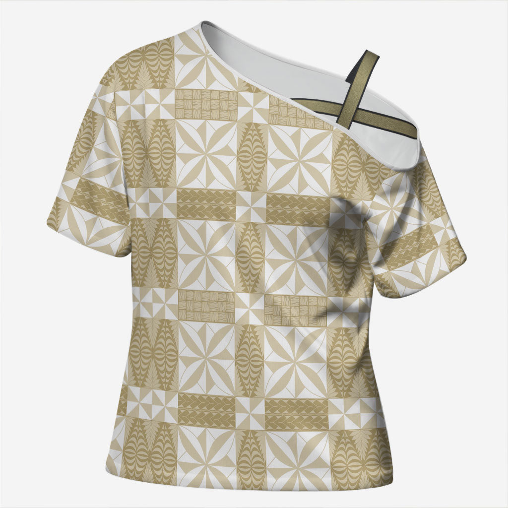 Beige Ngatu Pattern Malo e Lelei Tonga Cross Shoulder Shirt LT14 Female Beige - Polynesian Pride