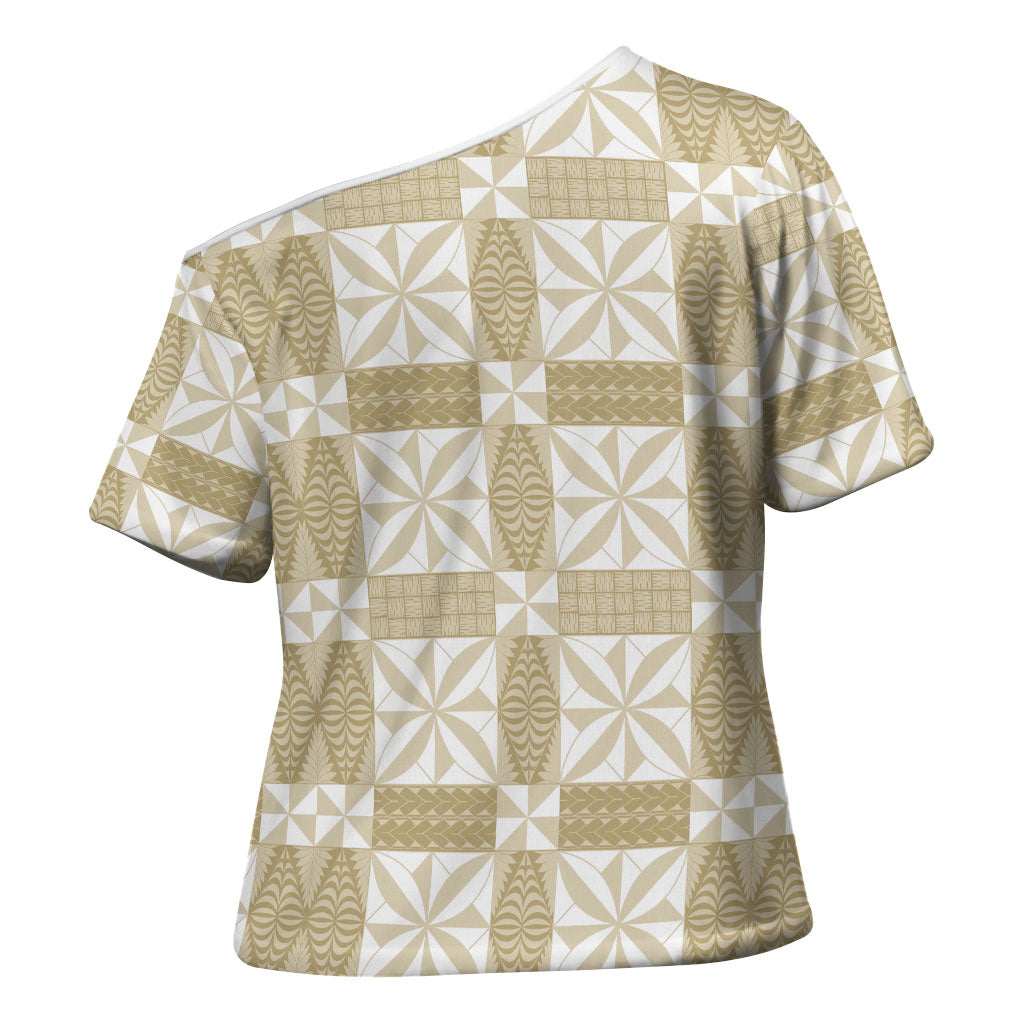 Beige Ngatu Pattern Malo e Lelei Tonga Cross Shoulder Shirt LT14 - Polynesian Pride