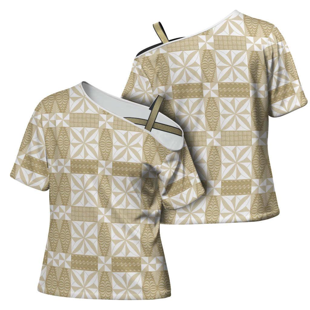 Beige Ngatu Pattern Malo e Lelei Tonga Cross Shoulder Shirt LT14 - Polynesian Pride