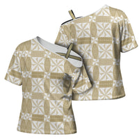 Beige Ngatu Pattern Malo e Lelei Tonga Cross Shoulder Shirt LT14 - Polynesian Pride