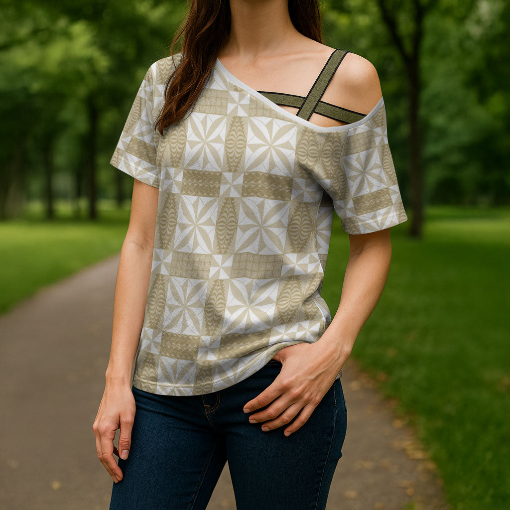 Beige Ngatu Pattern Malo e Lelei Tonga Cross Shoulder Shirt LT14 - Polynesian Pride
