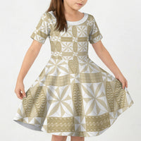 Beige Ngatu Pattern Malo e Lelei Tonga Kid Short Sleeve Dress LT14 KID Beige - Polynesian Pride