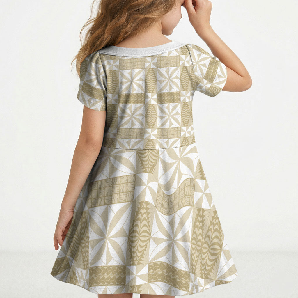 Beige Ngatu Pattern Malo e Lelei Tonga Kid Short Sleeve Dress LT14 - Polynesian Pride