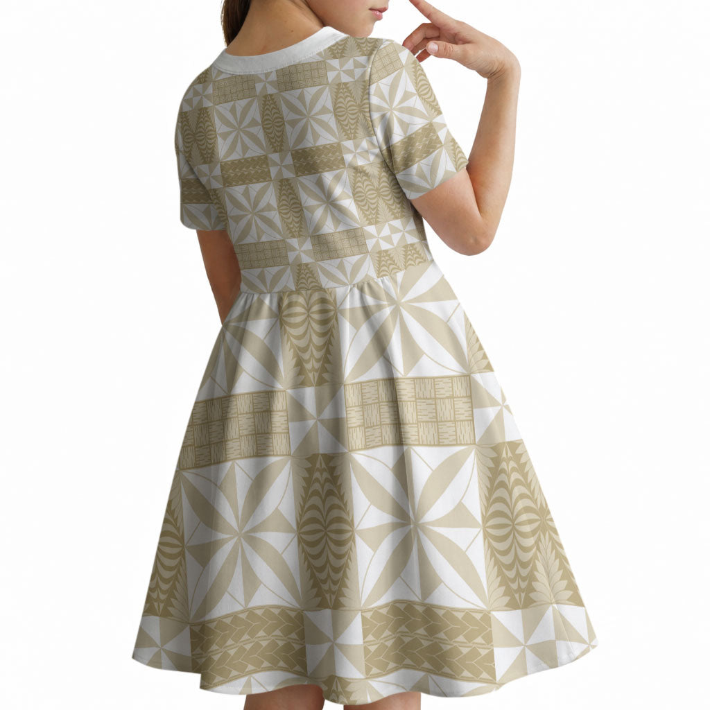 Beige Ngatu Pattern Malo e Lelei Tonga Kid Short Sleeve Dress LT14 - Polynesian Pride