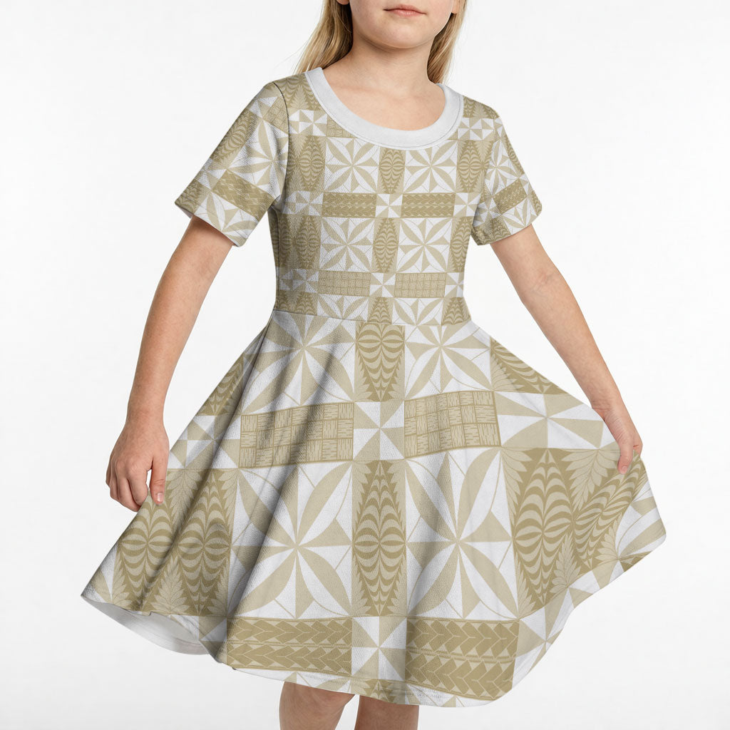 Beige Ngatu Pattern Malo e Lelei Tonga Kid Short Sleeve Dress LT14 - Polynesian Pride