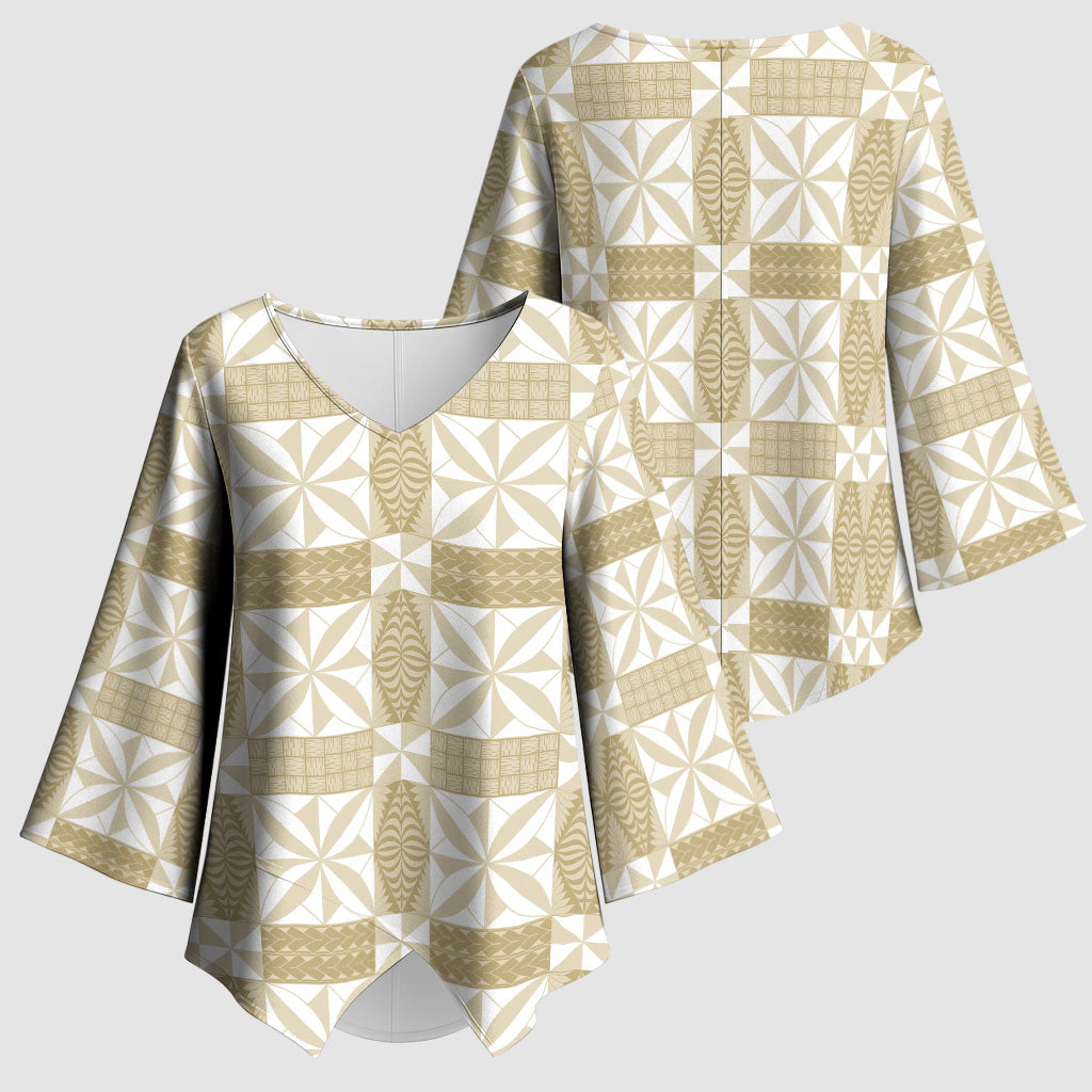 Beige Ngatu Pattern Malo e Lelei Tonga Kimono Sleeve Blouse LT14 - Polynesian Pride